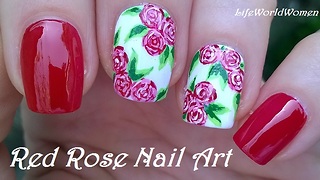 Red & white rose nail art using acrylic paint