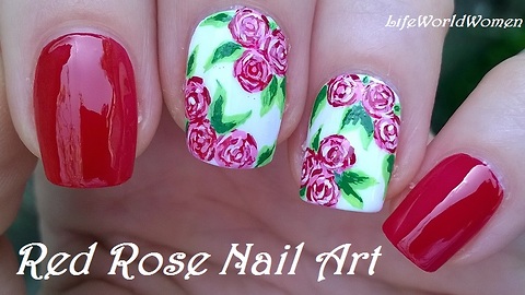 Red & white rose nail art using acrylic paint