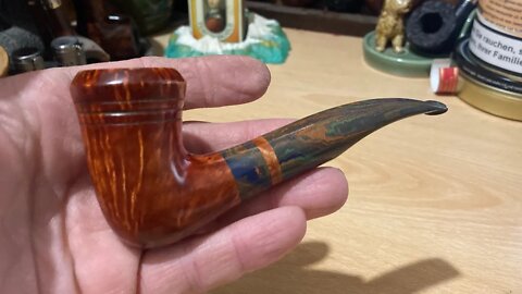 LCS Briars pipe 568 bent Rhodesian with multicoloured stem and shank insert