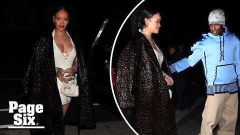 Pregnant Rihanna drapes baby bump in plunging dress at 35th birthday party