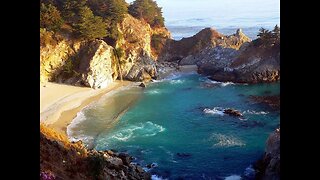 Relaxing waterfall on an ocean beach at sunset. Instantly fall asleep into deep sleep