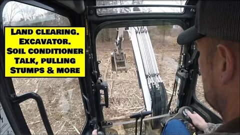 Land Clearing Power Rake talk and Bobcat e42 excavator clearing land and stumps