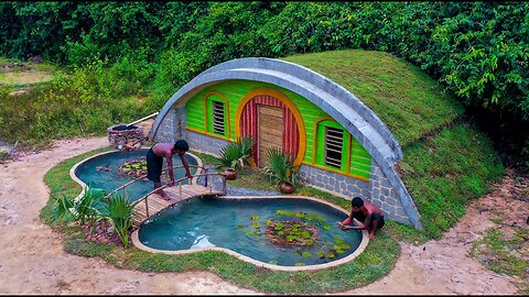 Primitive Tool - Building a Fish Pond in Front of Underground Hobbit House