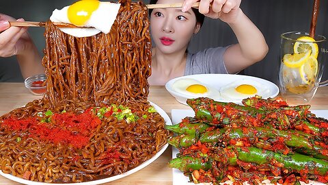 ASMR MUKBANG | 🌶 Spicy Chili Kimchi 🌶 Black Bean Noodles X3 Spicy Chilies & Fried Eggs