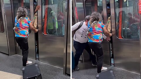 Ignorant woman violently tries to get in a train