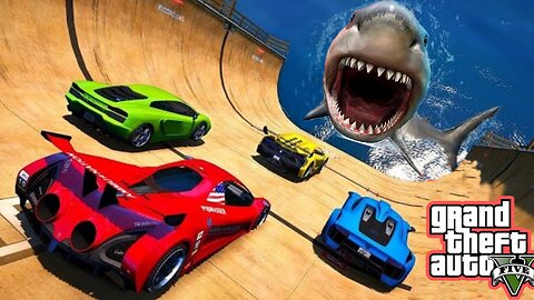 GTA V MEGA RAMP BOATS CARS MOTORCYCLE WITH TREVOR ALL SUPER HEROES NEW STUNT MAP CHALLENG