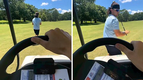 Dude gets hilariously "picked up" by a golf cart on the course