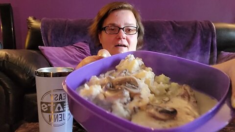 mashed potatoes pork chops in mushroom soup Mukbang Asmr