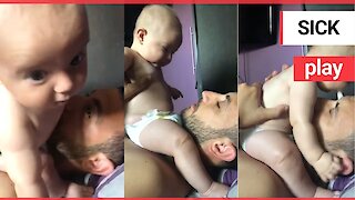 Hilarious moment baby throws up in dad's EYE during a morning play