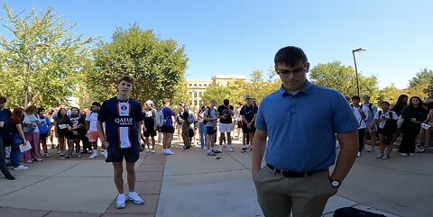 Univ of Kansas: Huge Hostile Crowd, Students Cheer For Their Sin Like Beasts, One Student Steals My Banner And Runs Away With It As The Crowd Screams Its Hellish Cheers