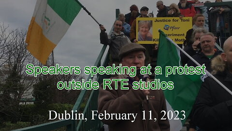 Speakers speaking at a protest outside RTE studios in Dublin