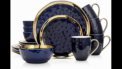 Stone Lain Porcelain 16 Piece Dinnerware Set, Service for 4, Blue and Golden Rim, Dark Blue