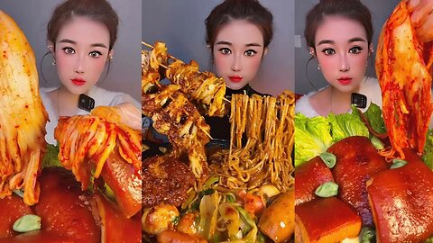 ASMR | Eating Spicy Pork Belly Chinese Mukbang | Enoki Mushroom Skewer | Mukbang Noodles Chinese