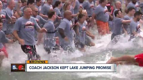 Cannonball? Browns coach fulfills promise, jumps into Lake Erie