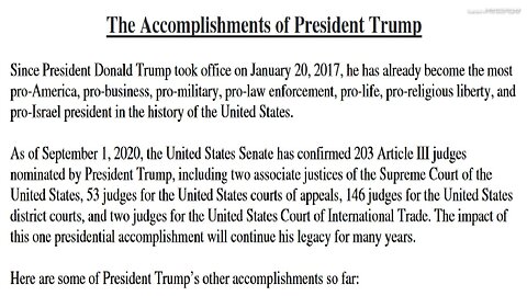 THE ACCOMPLISHMENTS OF PRESIDENT TRUMP - AS OF 9/1/2020 - PDF WEBSITE LINK BELOW TO SCROLL PAGES > https://lc.org/Site%20Images/Trumps-Accomplishments-LC-Sept-2020.pdf