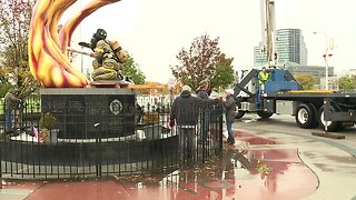 The Cleveland Fallen Firefighters Memorial in front of FirstEnergy Stadium is coming down for repairs.