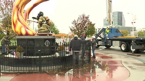 The Cleveland Fallen Firefighters Memorial in front of FirstEnergy Stadium is coming down for repairs.