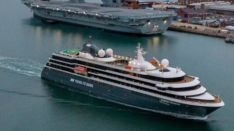 Nicko Cruises World Voyager leaving Portsmouth, 4k drone footage. 19/09/2022 expedition ship