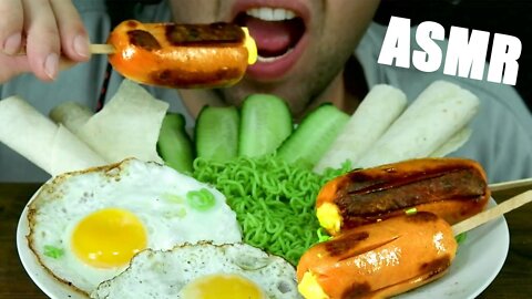 ASMR CHEESE SAUSAGES + GREEN NOODLES + FRIED EGGS | EATING SOUND (NO TALKING) MUKBANG