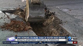 DPW repairing 17 water main breaks including to Pikesville apartment complex