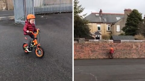 Kid Learns How To Ride Bike, Immediately Crashes Into Wall