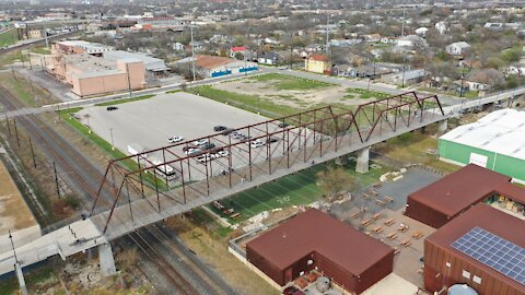 Drone view of the 1881-1910 Hays Street Bridge in the Dignowity Hill Historic District