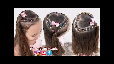 Penteado Infantil Coração com Ligas 💖| Heart Hairstyle with Elastics 💖| Hairstyle for Girls💖