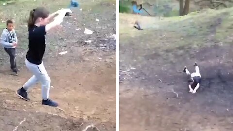 Girl fall hilariously when playing with the rope game
