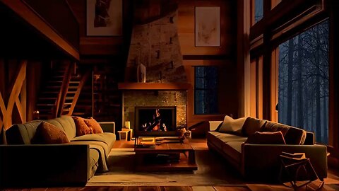 Deep Sleep with Rain Thunders and Crackling Fireplace in a Cozy Living Room