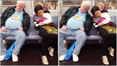 Sömniga främlingar somnar nästan på varandra i tunnelbanan