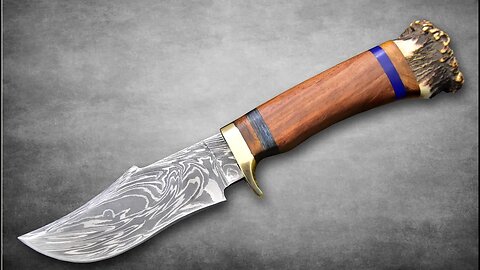Antler Crown Stag Horn Camping Huntig Knife Hand Forged Damascus Steel Handmade,Fixed Blade Knife
