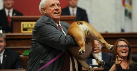 West Virginia Gov. Justice holds up dog during speech, suggests Bette Midler, 'Kiss her heinie'