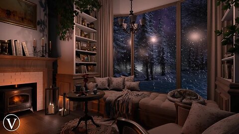 Winter Window Nook | Daytime Ambience | Wood Stove Fireplace, Wind & Snowstorm/Blizzard Sounds