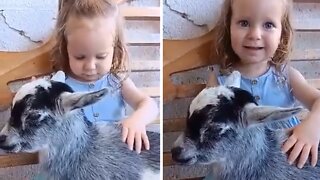Little Girl Adorably Cuddles With Baby Goat