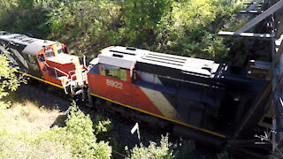 Manifest Train CN 8848, CN 8922 & CN 4136 Locomotives Westbound From Denfield Road Bridge