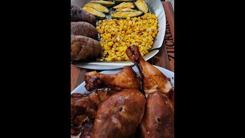 Smoked Chicken Legs, Potatoes, Corn and Jalapeno Poppers