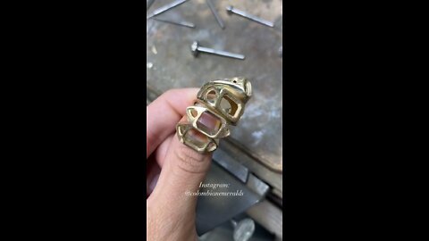 Hand made DIY Colombian emerald and gemstone three stone bezel ring in 18K