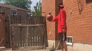 Hockey player takes 'Basketball Beer Challenge' to a new level