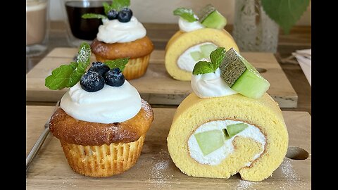 Melon swiss roll and blue berry muffin at а cozy cafe in Kita City, Tokyo