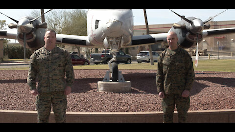 Col. Chuck Dudik, and SgtMaj. Jason Davey, address Marines and Sailors