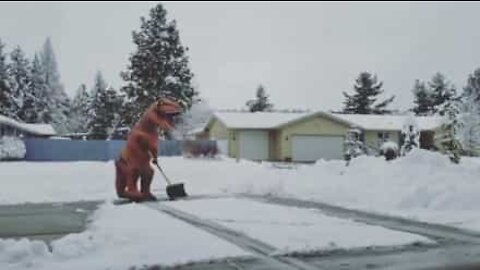 Uma maneira original de limpar neve: vestido de T-Rex