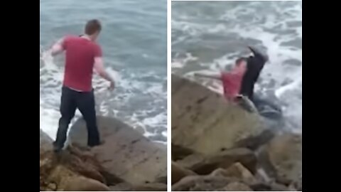 Man Slips On Rocks Into Ocean Funny Fail