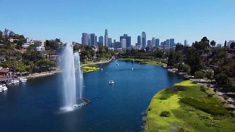 Drone footage of Echo Park Lake in Los Angeles