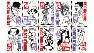 A Collection of US Stamps Illustrated by Al Hirschfeld Showcasing The Stars of the Silent Screen