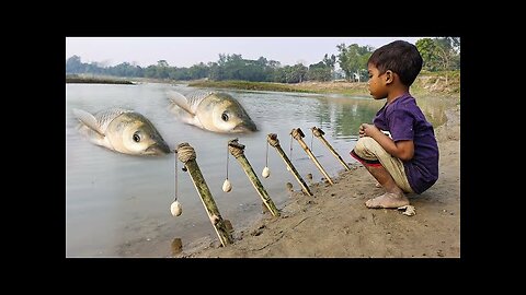 New Best Hook Fishing Video _ Traditional Boy Hunting Big Fish With Hook By River #fishing