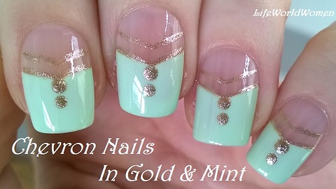 Mint green & gold chevron nail art