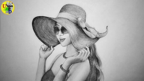 Girl Wearing a Cute Hat and Sunglasses Pencil Drawing