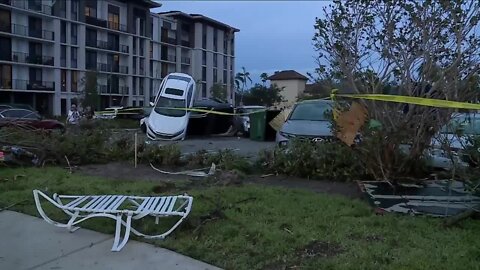 Cars stacked on top of each other after Palm Beach Gardens tornado