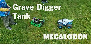 Playing with RC Megalodon and Grave Digger Tank