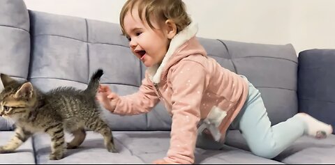 Cute Baby Meets New Baby Kitten for the First Time